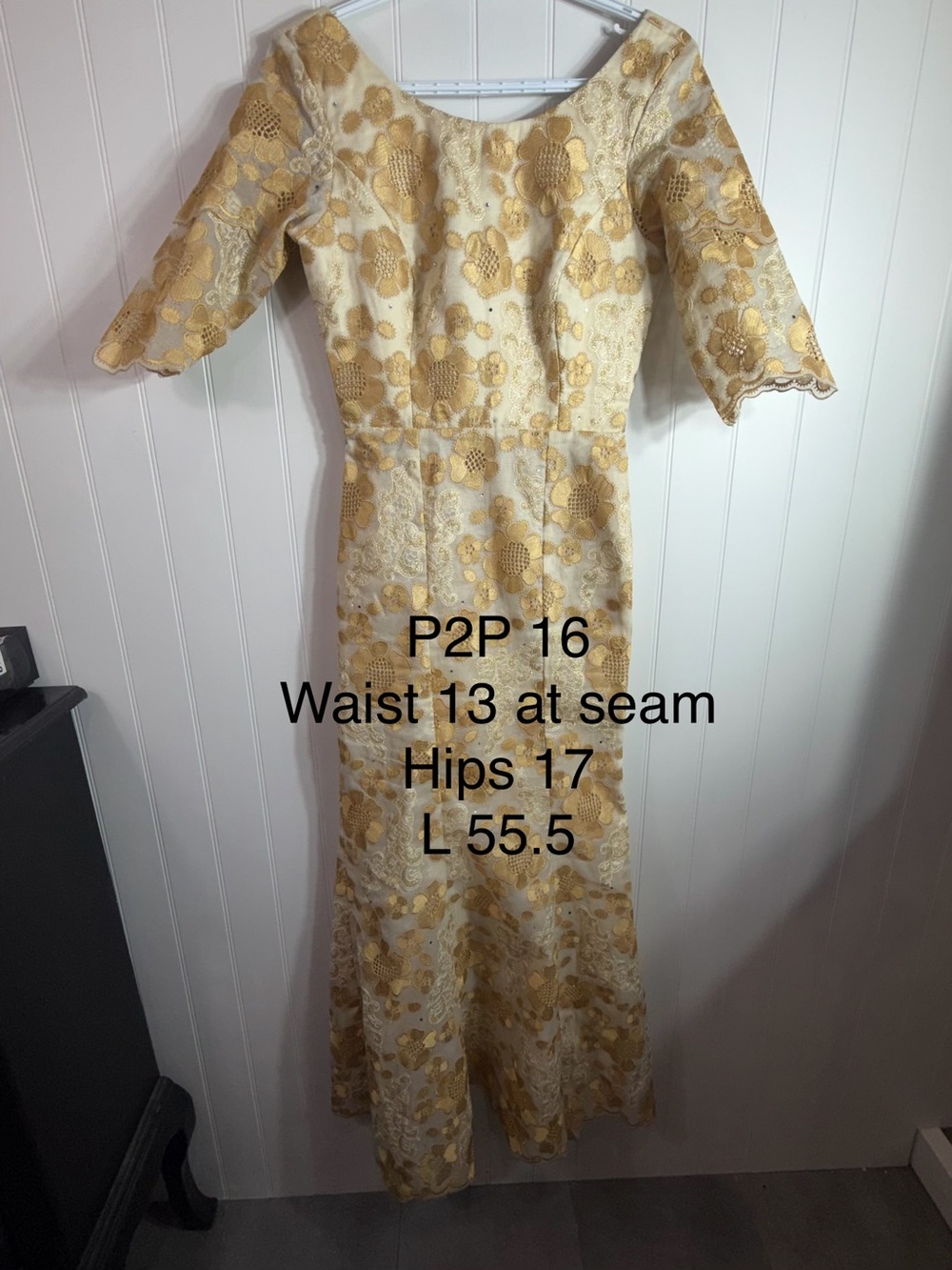 Vintage Gold Floral Embroidered Mermaid Maxi Dress Formal Gown Small Boho Glam - Picture 2 of 10